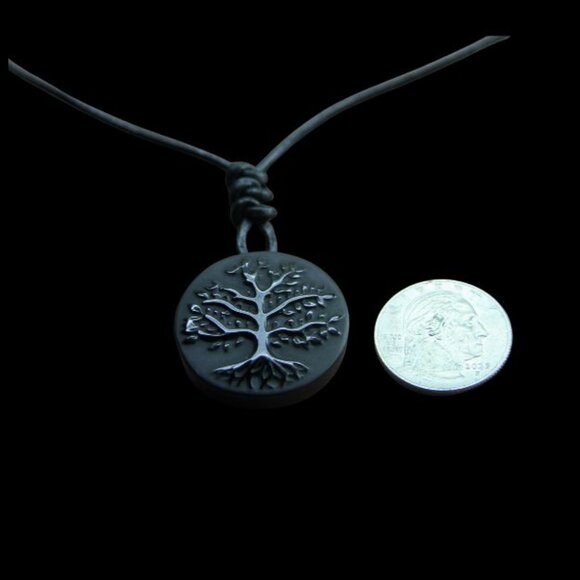 Obsidian Tree of Life Pendant on Hand Knotted Soft Black Leather Cord Necklace - Picture 4 of 8